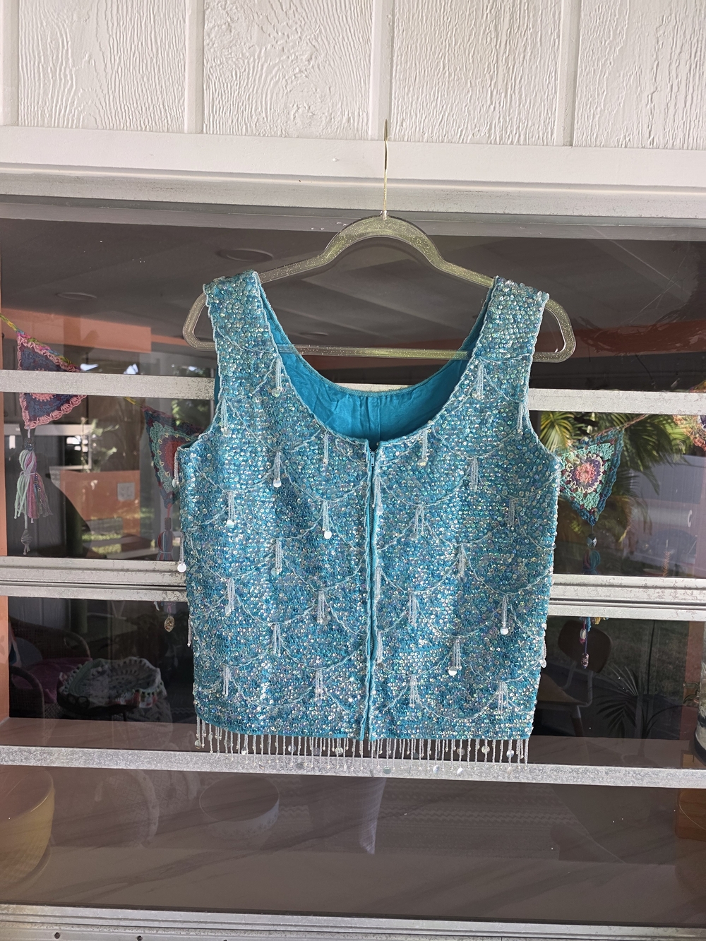 Vintage 70s Fairy Mermaid Turquoise Beaded Tassel Tank Top Size 36 Small? - Picture 3 of 16